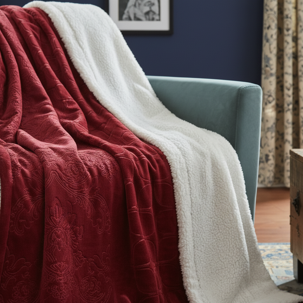 Tache Solid Embossed Merlot Red Reversible Sherpa Throw Blanket (62087)